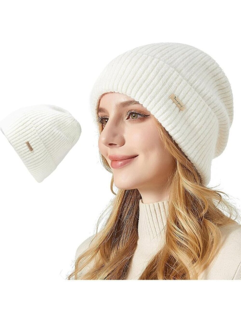 Womens Warm Knit Beanie Hat Thick Cotton Lined Slouchy Skull Cap for Winter
